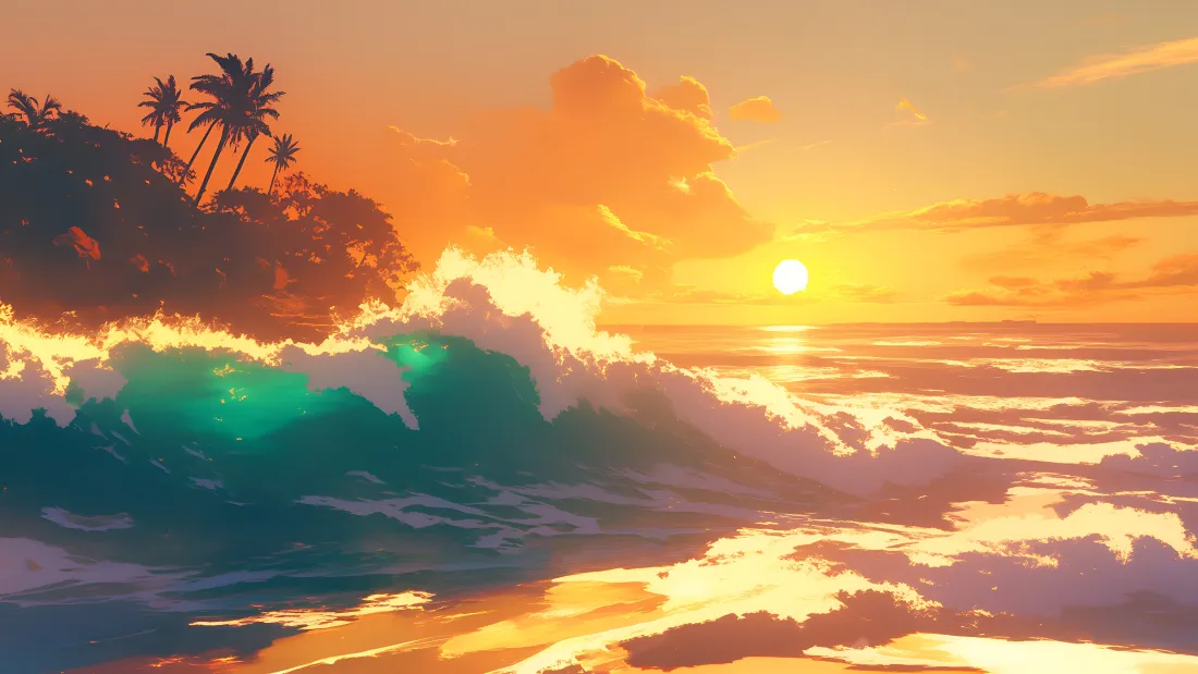 热带海岸黄昏日落，椰林剪影旁海浪翻涌，海面铺满暖金色夕照