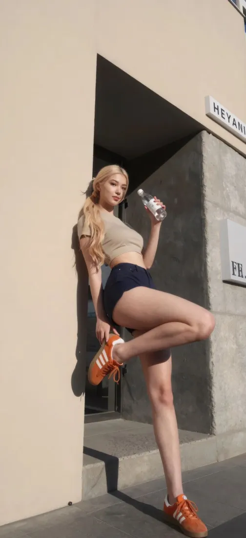 金发运动风美女户外靠墙单腿站立，手持水瓶，穿露腰上衣与运动短裤