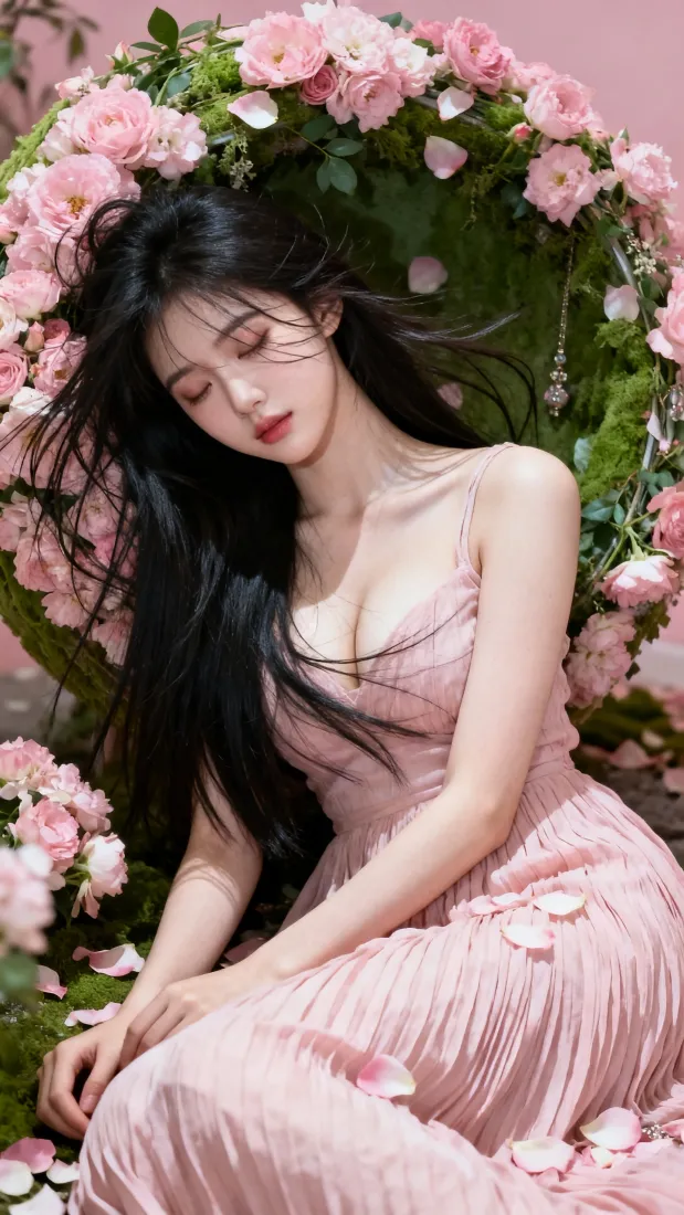 闭眼长发粉裙女子坐于粉色花簇拱环中，花瓣散落，氛围柔美浪漫