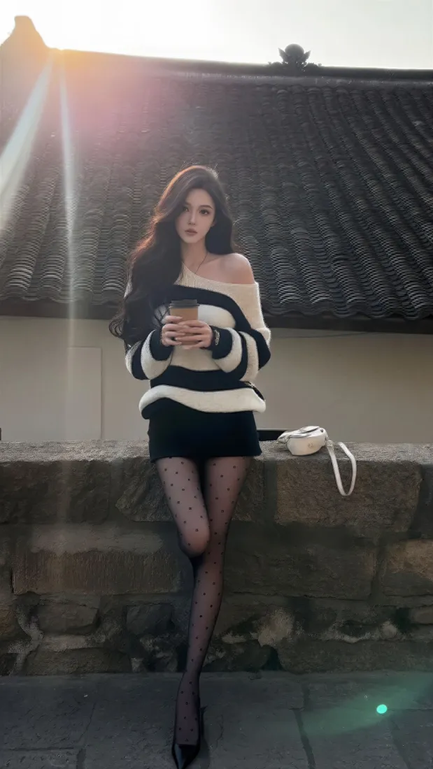 长发美女穿露肩条纹毛衣黑丝短裙，手持咖啡倚靠古建石墙，逆光阳光洒落。