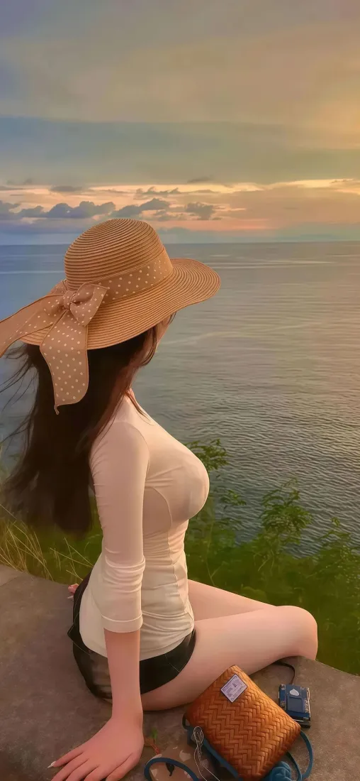 戴草帽的白衣女子坐于海边崖边，背对镜头眺望日落海景