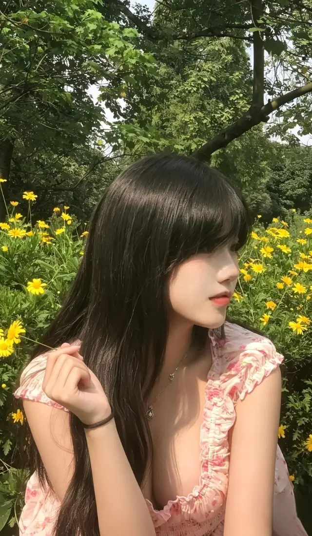 夏日户外花丛中，黑长直齐刘海少女穿粉色碎花裙侧颜望向画面右侧