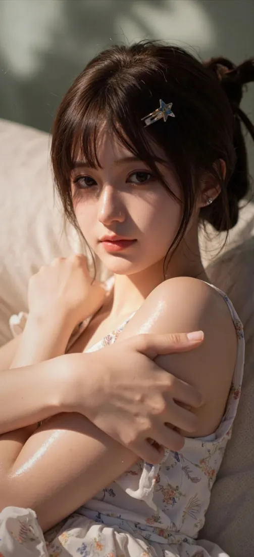 暖光下丸子头少女穿碎花吊带，抱臂坐于沙发，氛围温柔纯欲