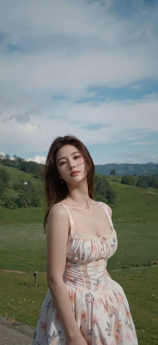 长发女子身着碎花吊带裙，立于开阔青草地，背景是蓝天白云与远山。