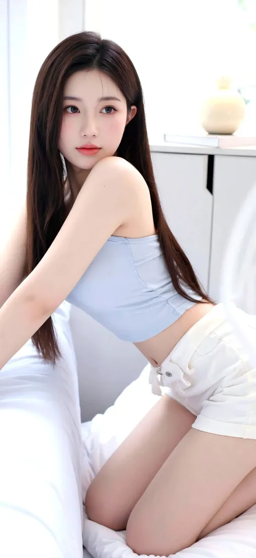 黑长直长发年轻女子身着浅蓝抹胸与白色短裤，在明亮白色居家室内坐姿写真