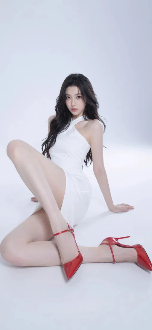 黑长卷发女子着白色挂脖短裙，脚踩红色高跟鞋，坐于浅灰纯色影棚中摆拍。