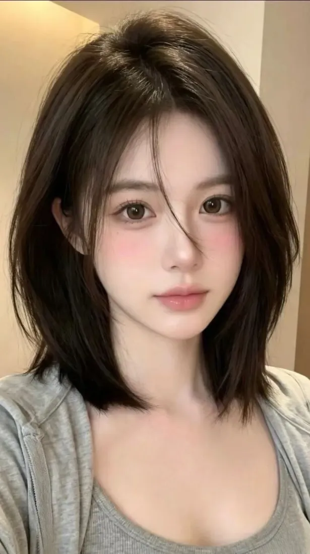 短发年轻女生居家自拍，浅灰上衣，暖调柔和背景，妆容清淡温柔