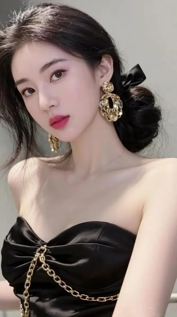 盘发佩戴黑色蝴蝶结与金色夸张耳环的女性，身着带金链装饰的黑色抹胸缎面礼服