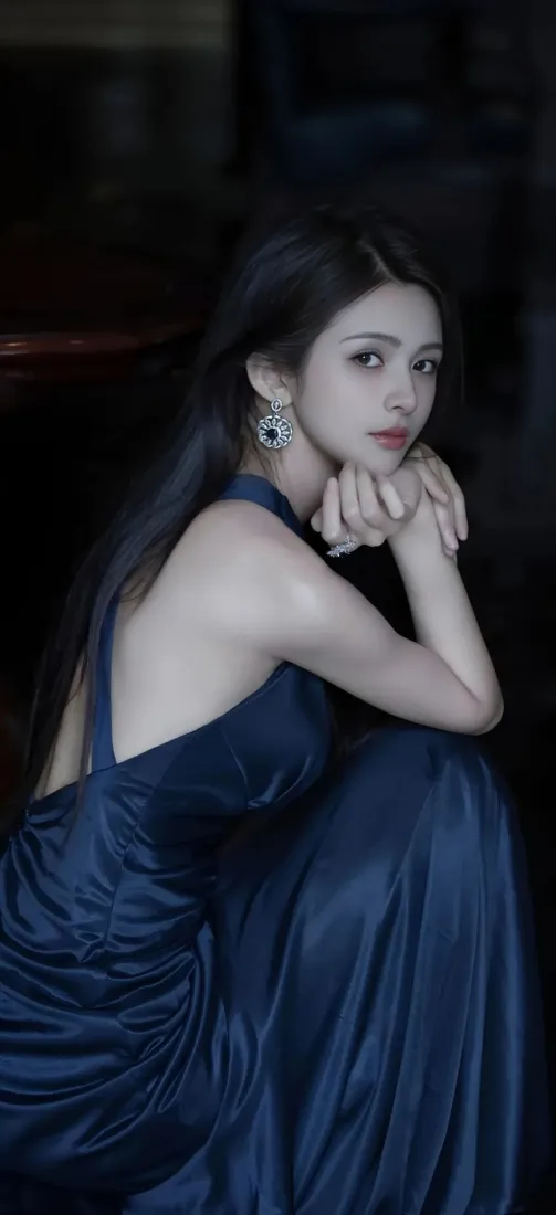 暗调环境中，长发女子身着露背蓝裙，双手托腮优雅侧坐。