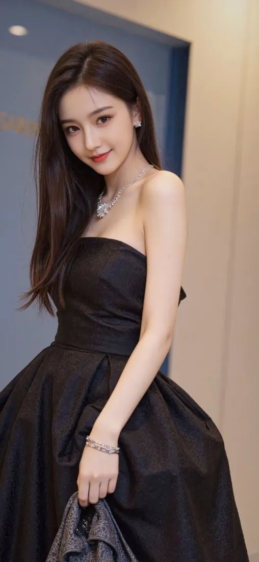 长发美女身着黑色抹胸蓬蓬长裙，佩戴钻石首饰，室内优雅写真
