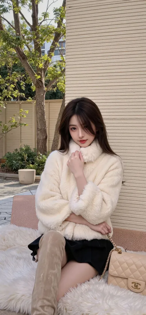 长发美女穿米白毛绒外套坐户外长椅，搭配黑短裙与过膝长靴，身侧放链条包。