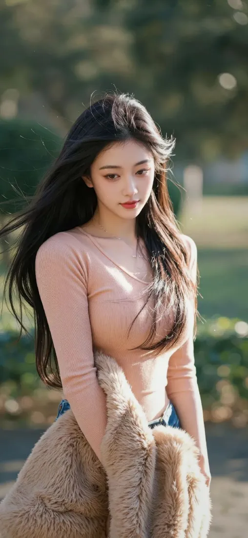 户外草坪旁，黑长直长发女子穿粉色紧身上衣，手持毛绒外套，背景虚化。