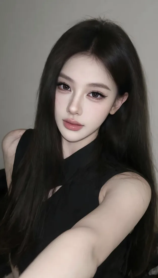 黑长直长发冷白皮美女穿黑色无袖上衣，对镜自拍，背景为浅灰纯色墙面