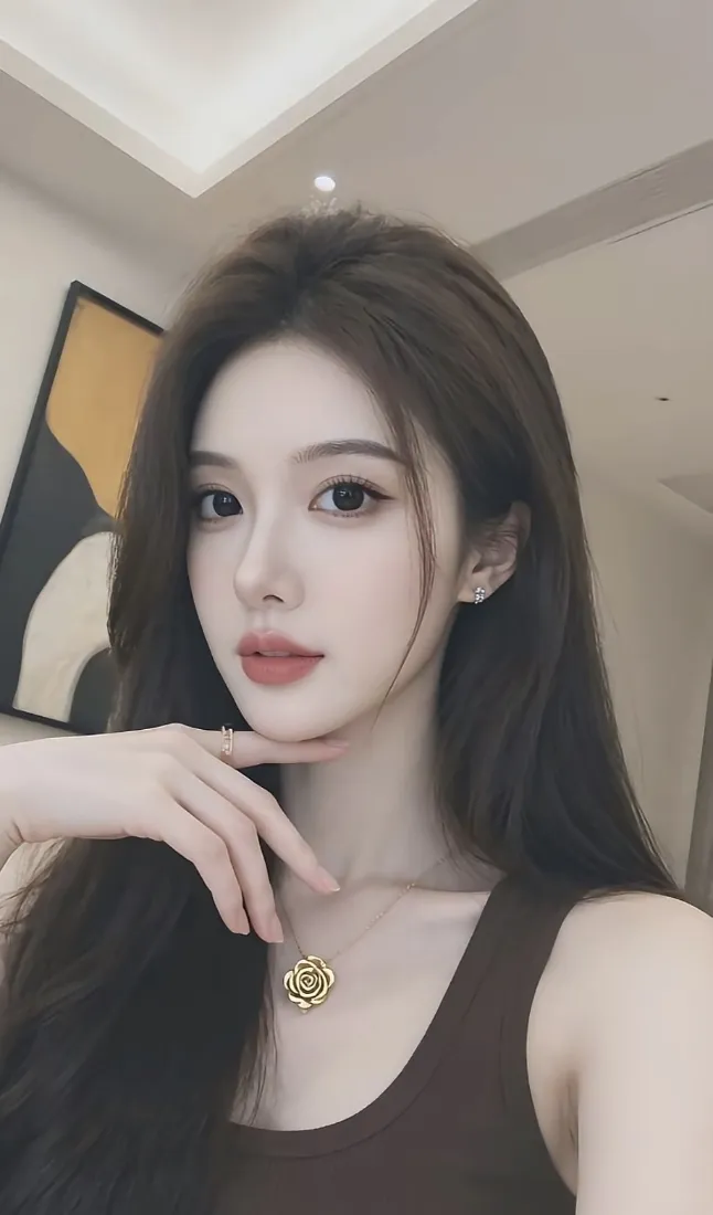 黑长直长发美女室内自拍，托腮佩戴金色山茶花项链，妆容精致温柔。