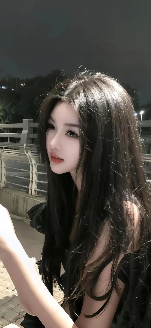 夜晚户外，长发黑裙女生侧身自拍，背景虚化的护栏与暗调夜景