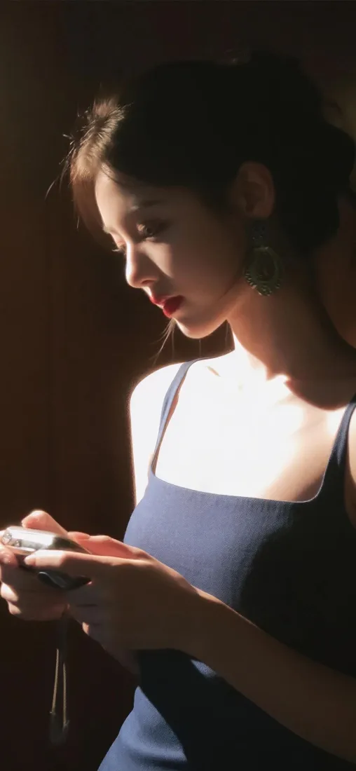 暖光室内，穿蓝色吊带裙的短发女子侧颜低头专注看手机。