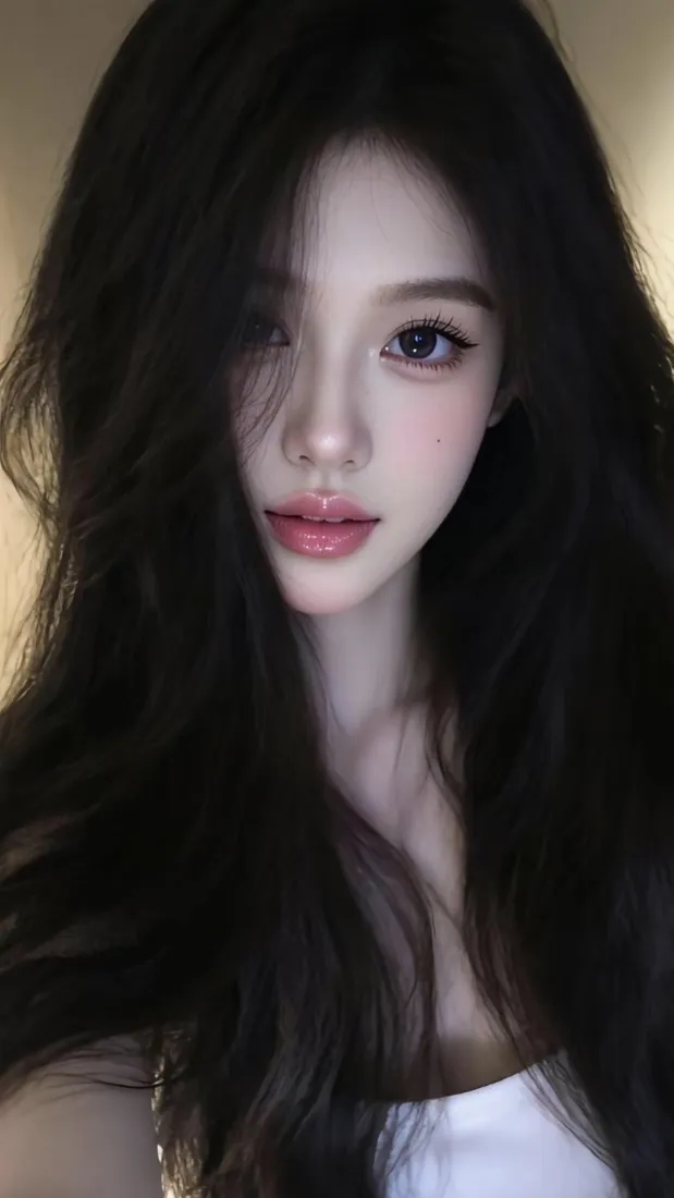 黑长卷发年轻女性近景自拍，暖调虚化室内背景，纯欲氛围感。