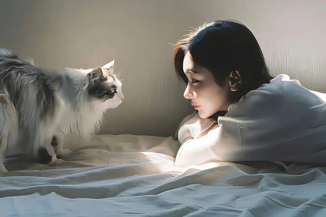 卧室床上，黑发女生裹着被子与布偶猫温柔对视，阳光洒落氛围治愈。