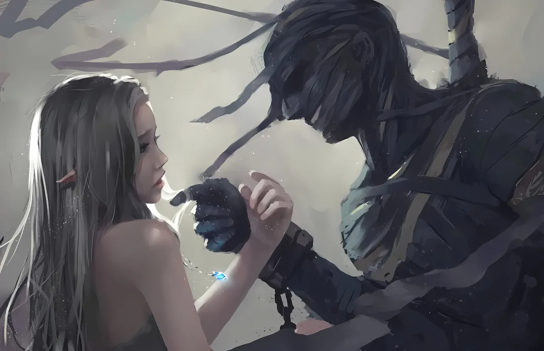 冷调插画，长发少女与蒙面黑衣男子牵手对视，氛围朦胧浪漫。