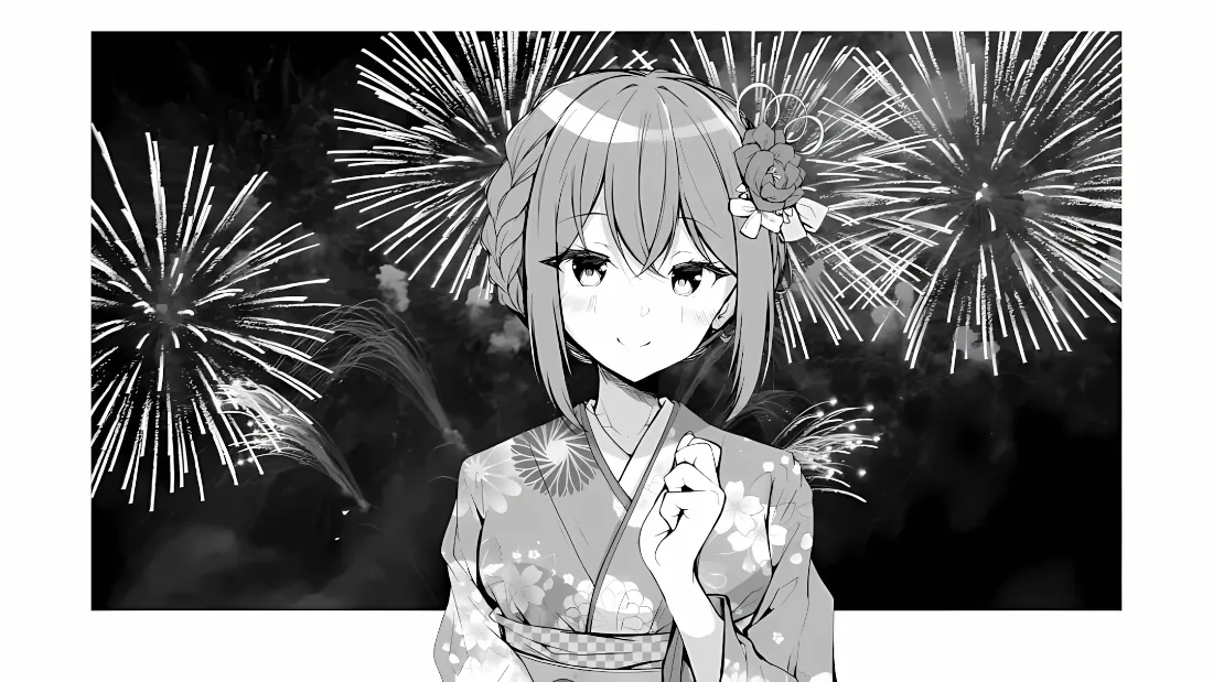 2k和服少女壁纸|烟花夜景背景图片 - 黑白日系插画「哲风壁纸」 黑白漫画风和服少女,发饰点缀,身后夜空绽放烟花,面带柔和微笑。