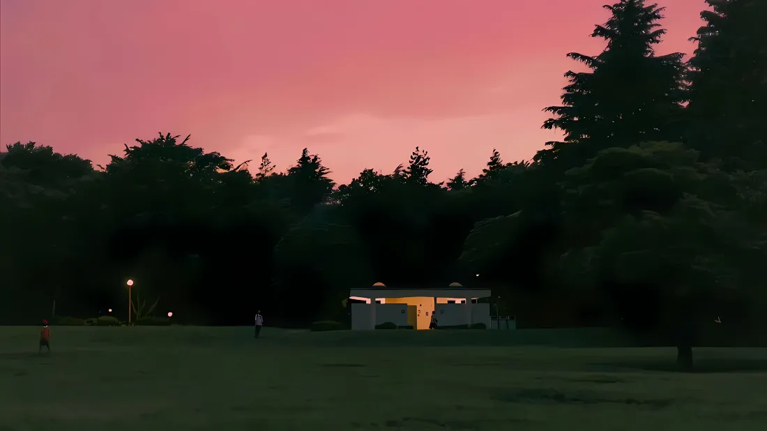 2k黄昏草地壁纸|粉紫天空背景图片 - 树林小屋静谧风景「哲风壁纸」 黄昏粉紫天空下,暗绿树林前的草地小屋透出暖黄灯光