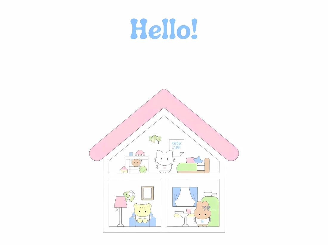白色背景上的粉色屋顶卡通小屋，内部有小熊等小动物家居场景，顶部有蓝色Hello字样
