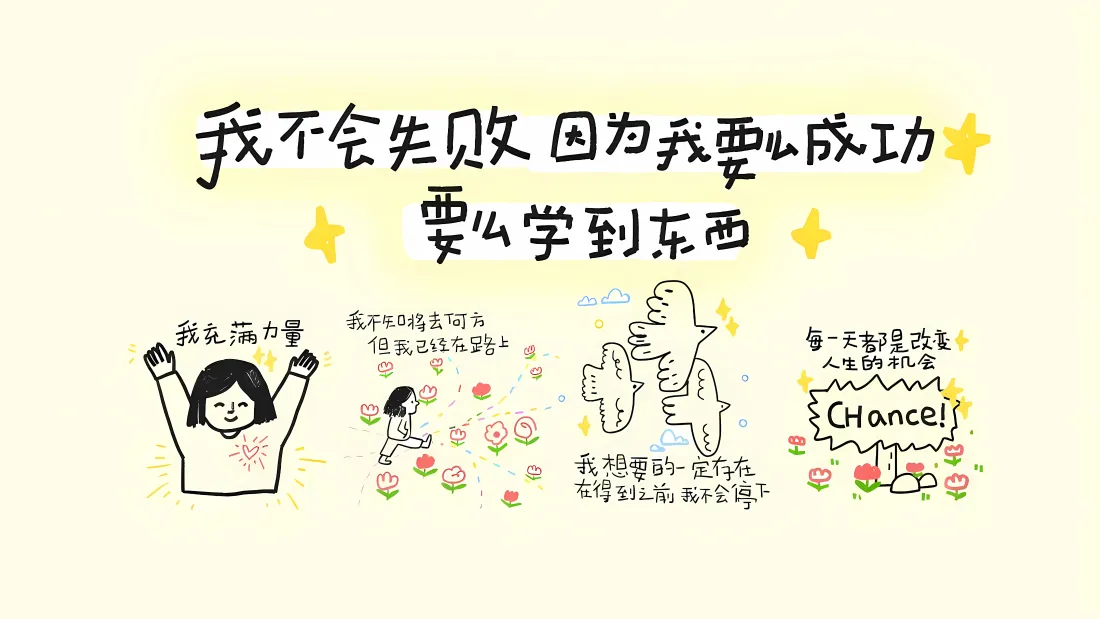 4k励志文字壁纸|手绘卡通背景图片 - 治愈加油语录「哲风壁纸」 暖黄底色手绘励志语录插画,搭配简笔小人、小花与飞鸟元素