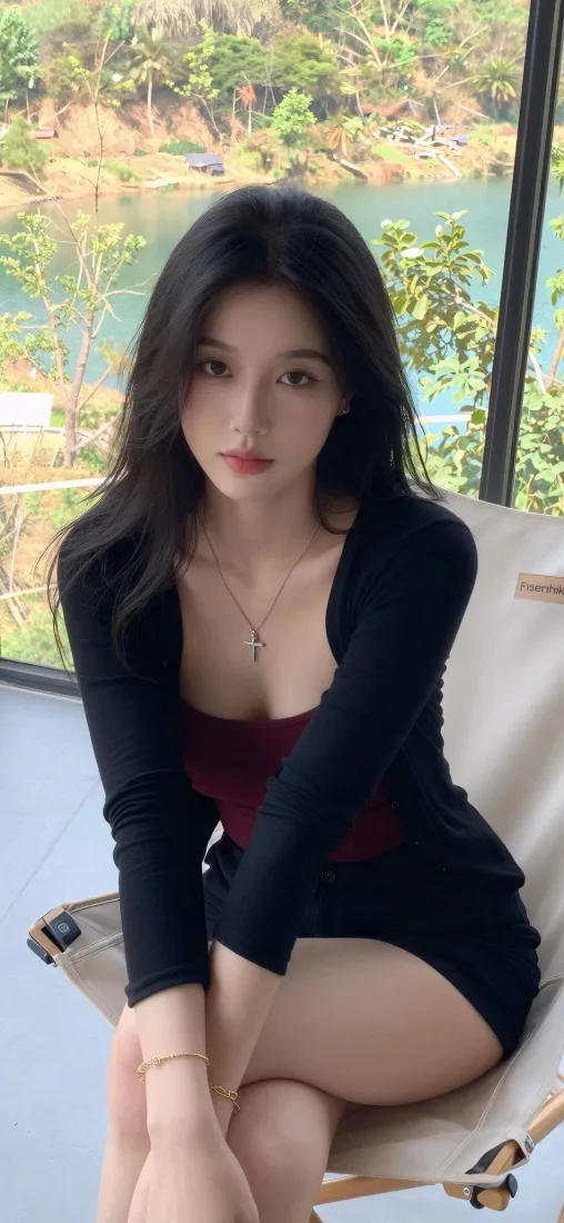 长发美女坐窗边折叠椅，黑开衫酒红内搭，窗外湖景绿植。
