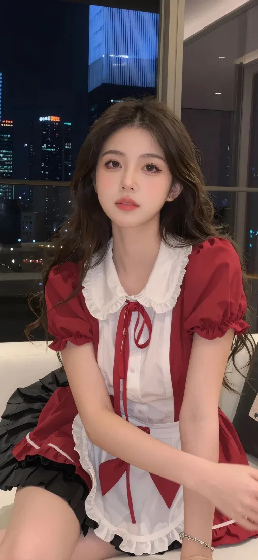 夜晚室内，穿红白女仆装的长卷发少女坐在沙发上，背景是城市夜景窗景