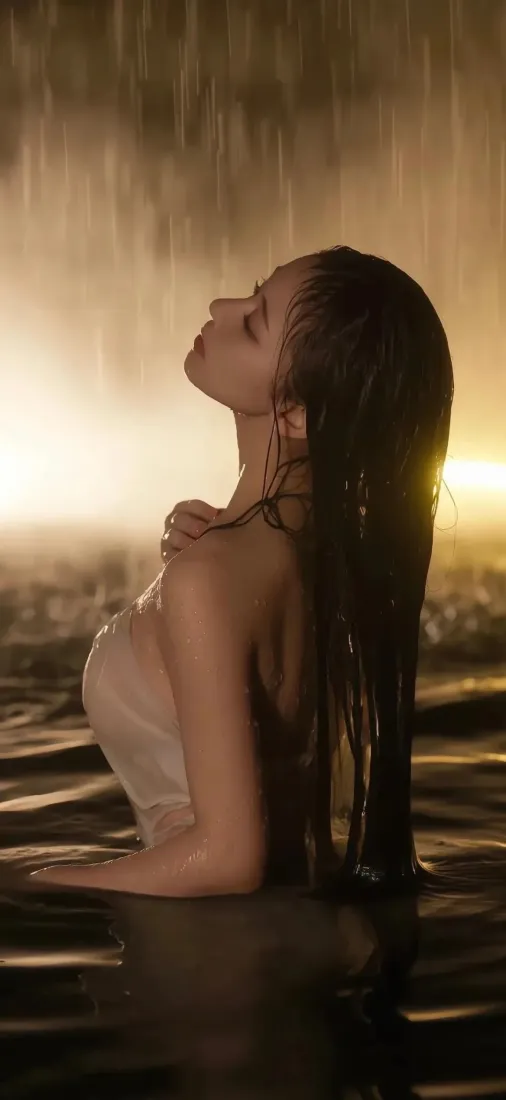 雨中逆光下的湿发长发美女，仰头闭眼，氛围朦胧唯美