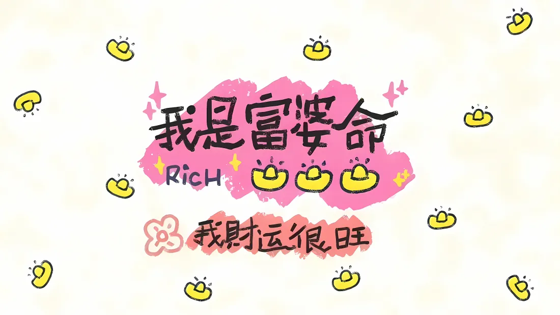 米白背景手绘涂鸦风，粉色块上写我是富婆命，散落金元宝装饰