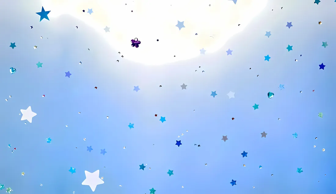 4k星星壁纸|清新梦幻背景图片 - 浅蓝渐变星光「哲风壁纸」 浅蓝渐变背景上散落着蓝、白、紫色星星与细碎亮片光斑