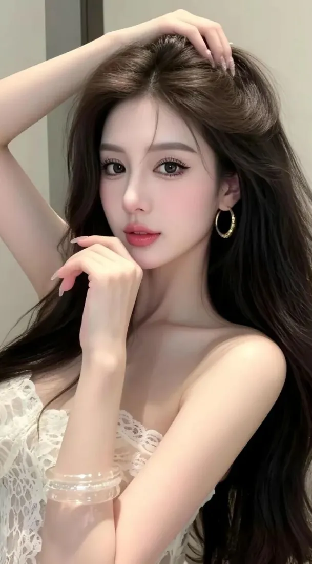 长发美女身着白色蕾丝抹胸，佩戴银色耳圈与玉镯，室内精致氛围感人像