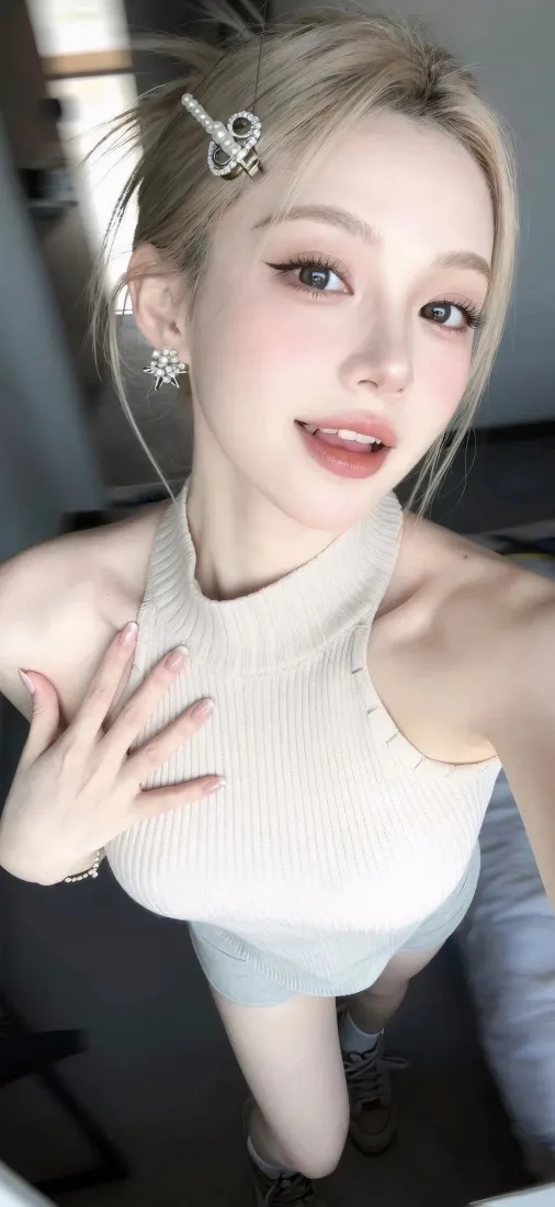 浅金发年轻女性穿白色挂脖上衣自拍，佩戴钻饰发夹与耳钉，妆容精致。