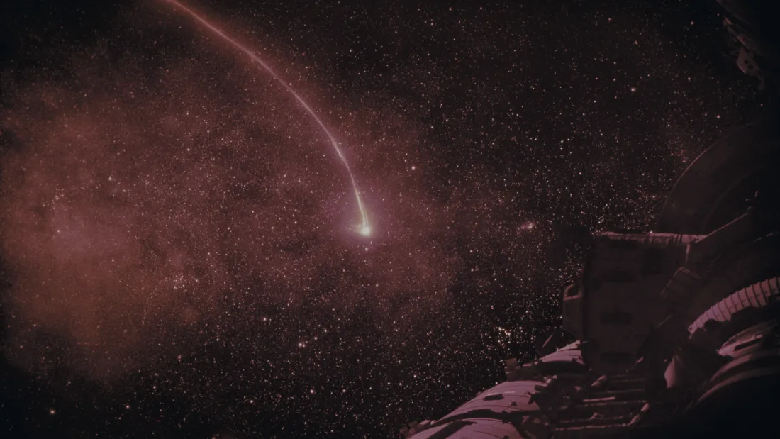 暗调深空布满星尘，红色光轨从亮星斜向延伸，右下角露出飞船局部轮廓