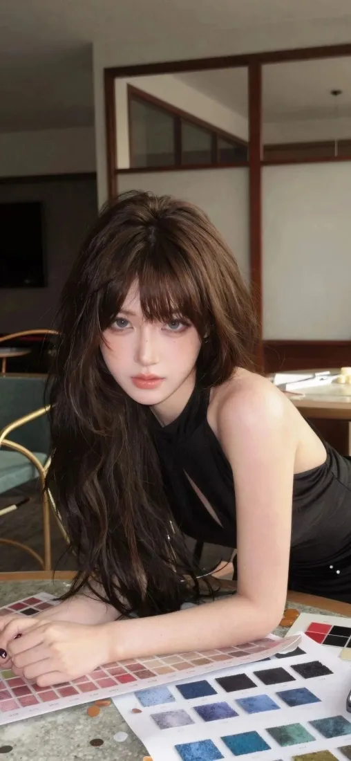 室内桌前，长卷发齐刘海黑衣露肩清冷感美女，手臂搭在色卡纸上。