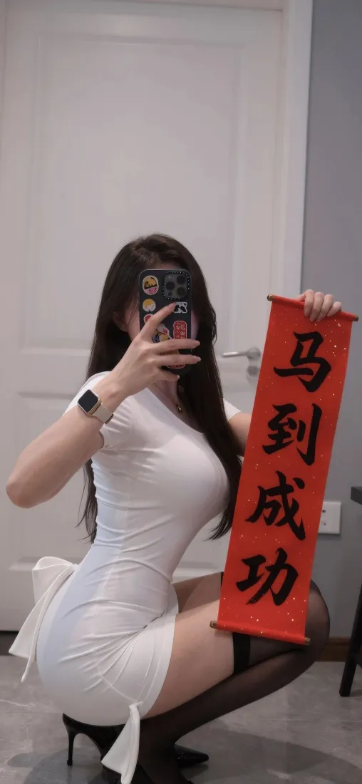白衣黑丝女子蹲姿对镜自拍，手持写有马到成功的红色春联