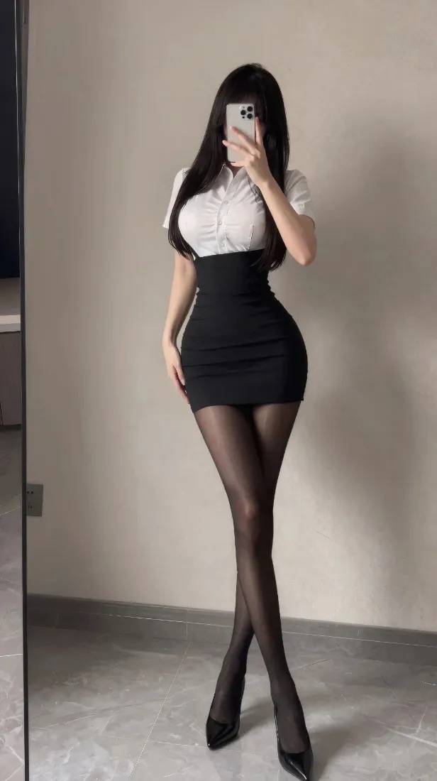黑长直OL女性穿白衬衫黑包臀裙黑丝高跟鞋对镜自拍，手机遮挡面部