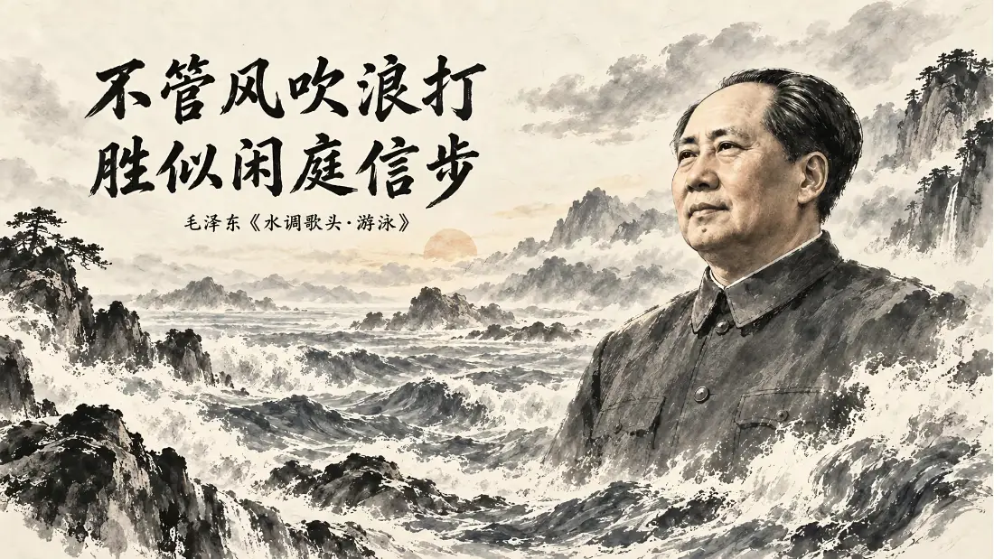 2k毛泽东诗词壁纸|水墨山水背景 - 不管风吹浪打胜似闲庭信步「哲风壁纸」 水墨山水间毛泽东半身像,左侧配书法诗词,海浪群山环绕