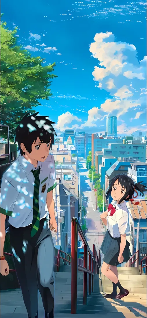 夏日晴蓝天下，泷与三叶身着校服在城市台阶上回望，远处是城市建筑群。