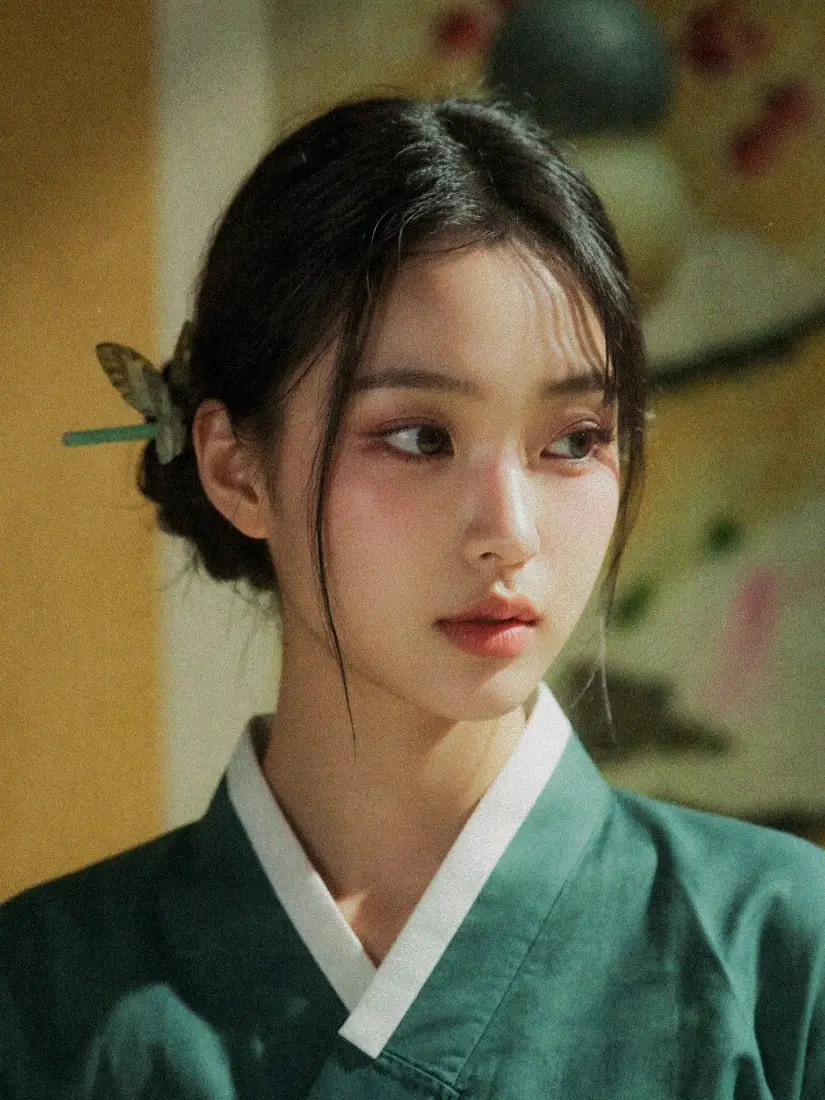 身着墨绿交领汉服的温婉女子，盘发配蝴蝶发簪，侧头望向画面右侧。