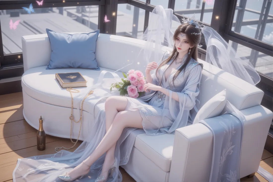 蓝裙古风少女斜坐白色弧形沙发，手持粉玫瑰花束，旁有书本与蝴蝶点缀。