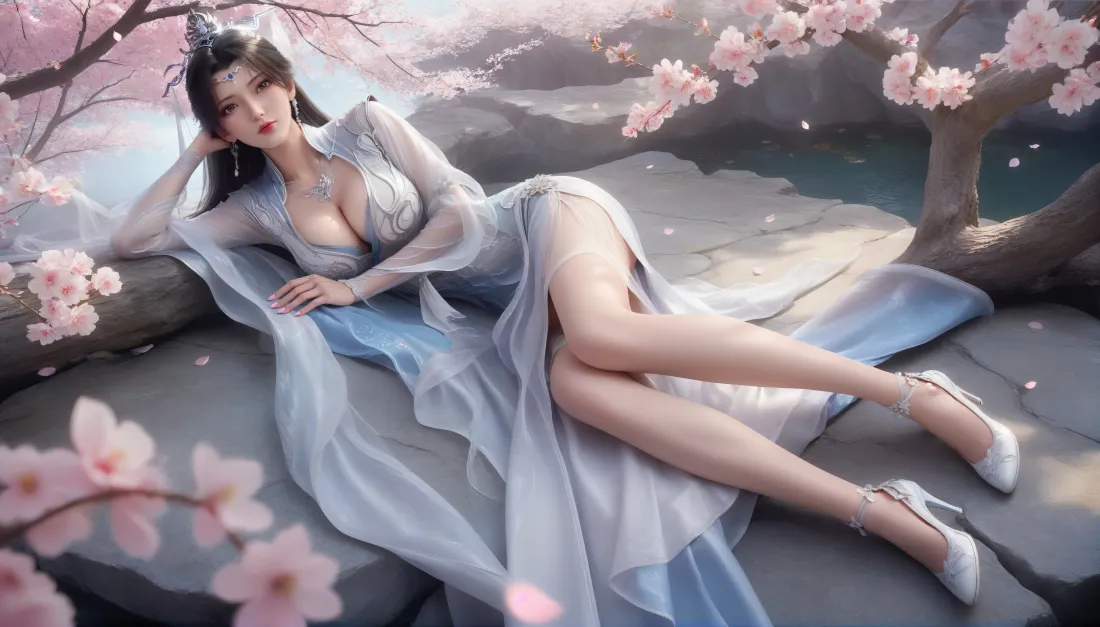 6k李慕婉壁纸|桃花树下背景图片 - 古风白衣卧姿仙侠美女「哲风壁纸」 李慕婉身着浅蓝白古风纱裙,卧于桃花树下石面,花瓣飘落,仙气柔美。