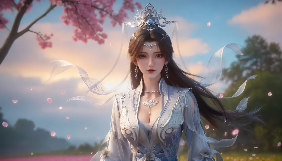 6k仙逆李慕婉壁纸|古风白衣背景图片 - 桃花落霞户外场景「哲风壁纸」 古风白衣仙侠女子立于桃花落霞户外,花瓣纷飞,仙气飘逸。