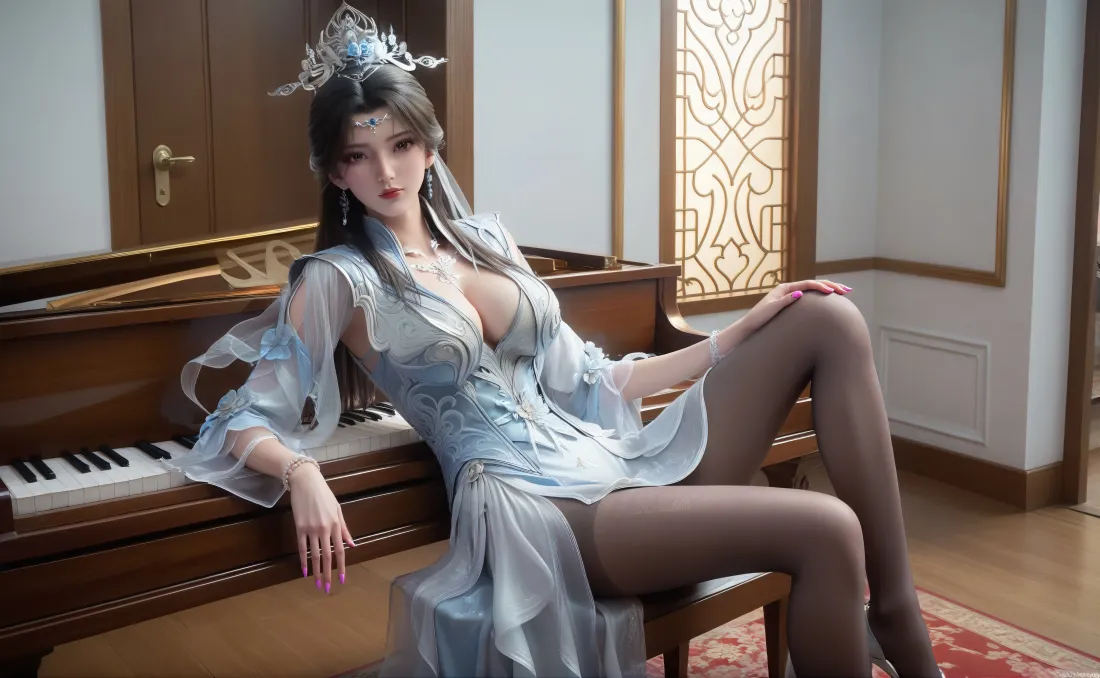 蓝衣古风女子坐于钢琴凳上，倚靠三角钢琴，室内雅致场景