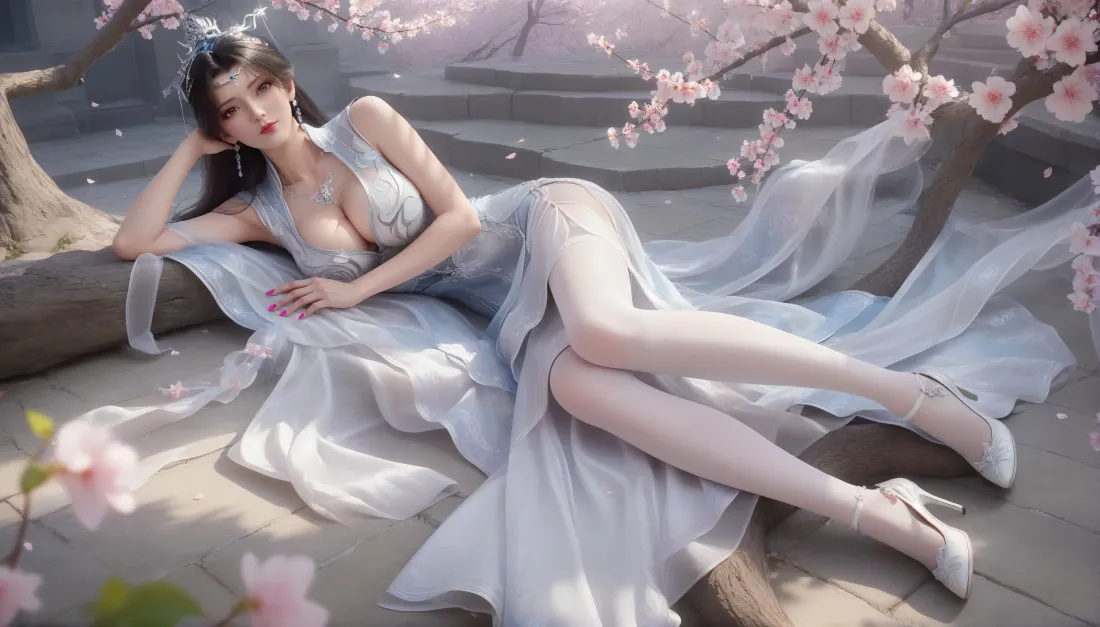 李慕婉身着白裙白丝侧卧石阶，桃花环绕，仙气柔美。
