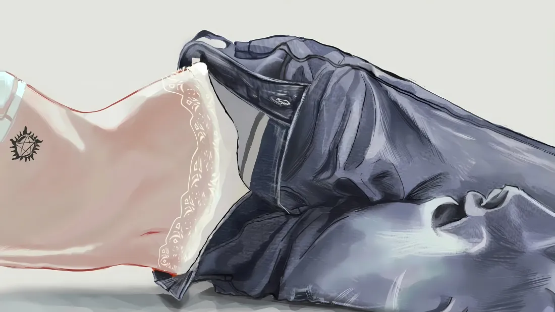 4k粉色蕾丝内衣|背景图片 - 黑色外套褶皱衣物插画「哲风壁纸」 浅灰背景上的粉色蕾丝内衣与褶皱黑色外套衣物插画