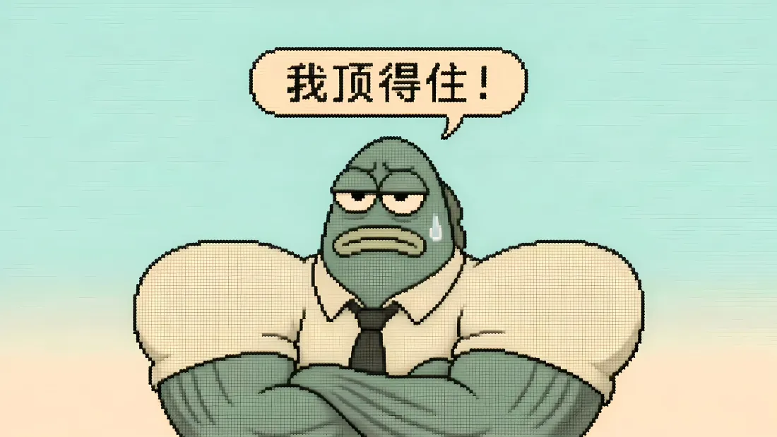 4k比奇堡路人鱼壁纸|我顶得住梗图 - 肌肉硬汉搞怪背景图片「哲风壁纸」 穿白衬衫黑领带的肌肉绿鱼双臂交叉,流汗无奈配文我顶得住