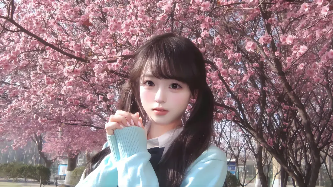 春日樱花树下，身着JK制服的双马尾黑长直少女半身出镜。