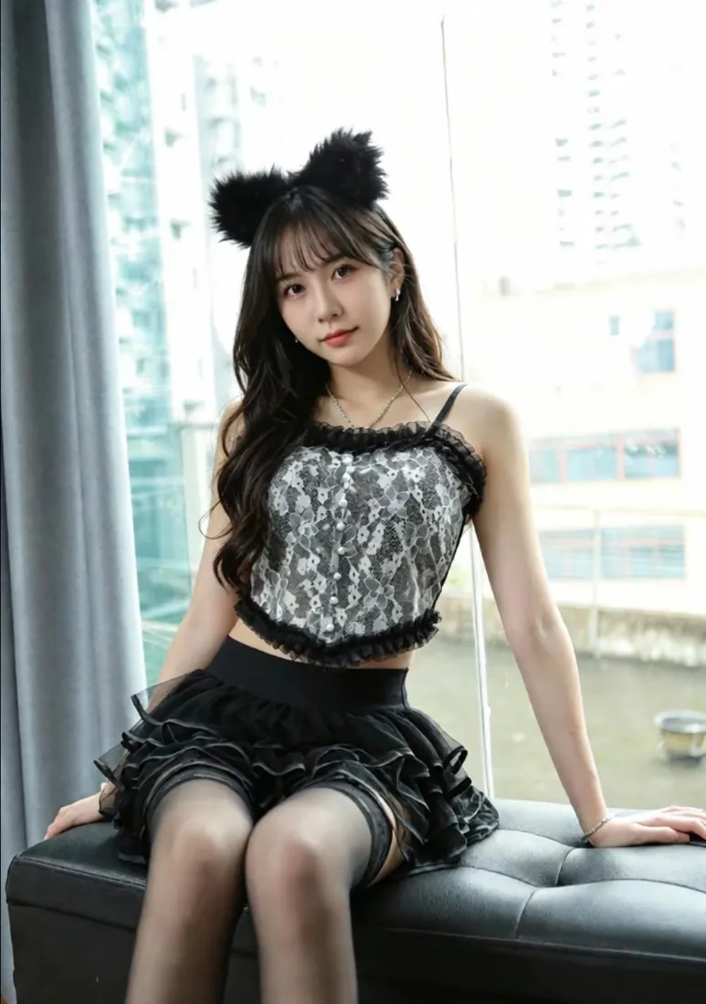 戴黑色毛绒猫耳的长发女生，穿蕾丝吊带与黑丝短裙，坐窗边黑色软凳上